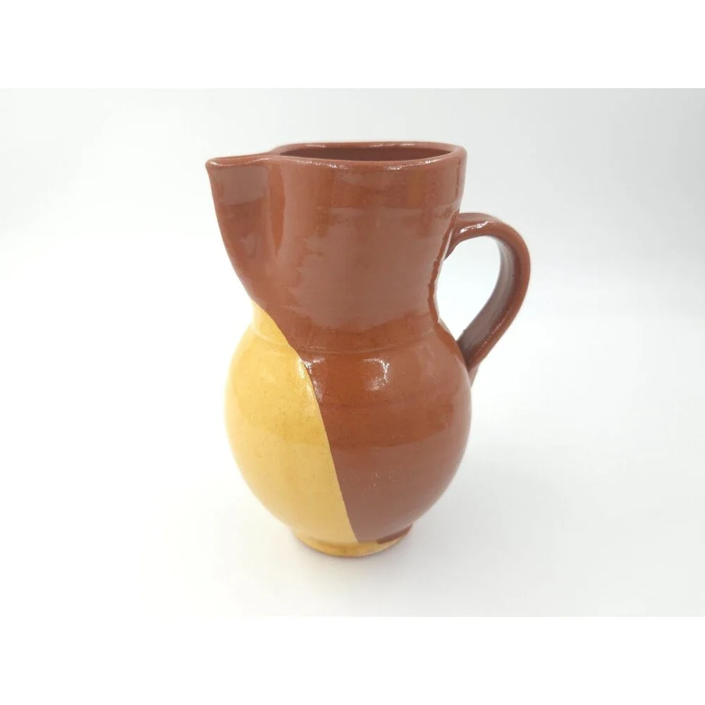 Vintage Two-Tone Stoneware Pottery Crock Water Pitcher 7.25” Tall UNKNOWN MAKER